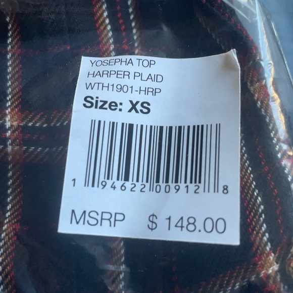 FAHERTY NWT YOSEPHA TOP HARPER PLAID BLACK RED SHORT SLEEVE XS RUFFLE - Picture 6 of 7